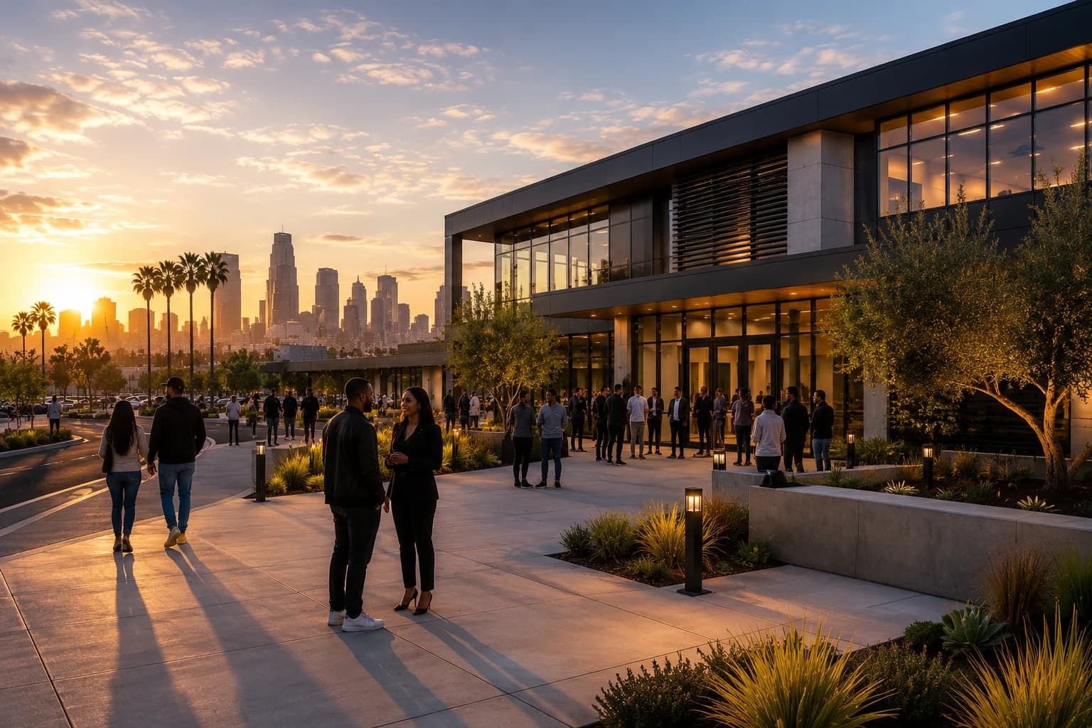 Community gathering outside a modern building